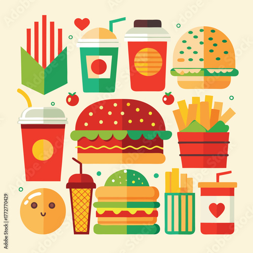 An illustration of various burger and fast-food items