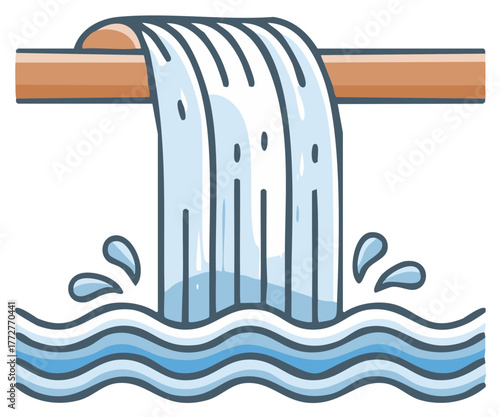 Cartoon waterfall cascading into wavy blue water with splash