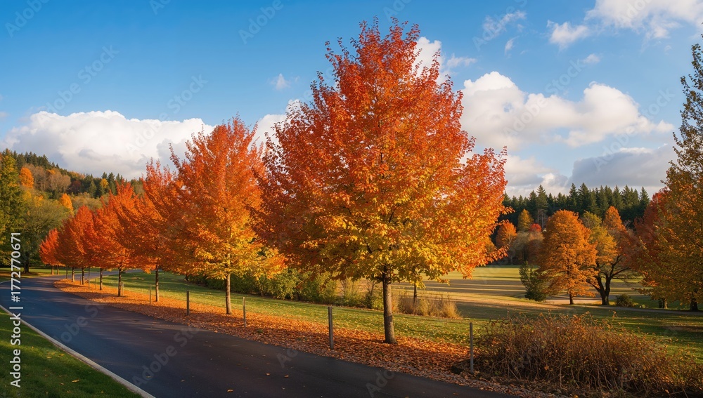 Naklejka premium Autumn Foliage Along a Maple Tree Pathway, Seasonal Change