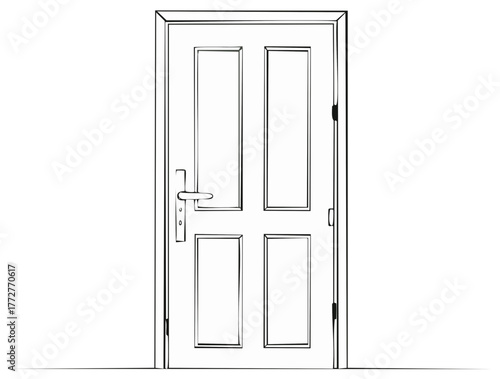 Simple line art outline drawing of a classic interior room door with four panels and a handle