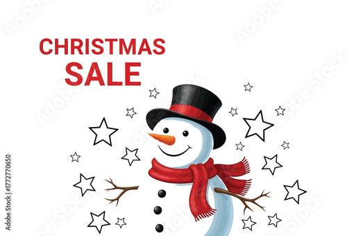 Cheerful snowman with red scarf and top hat announces Christmas sale among festive stars