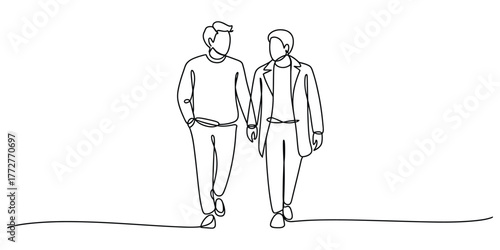 Elegant single line drawing of two figures walking together holding hands vector