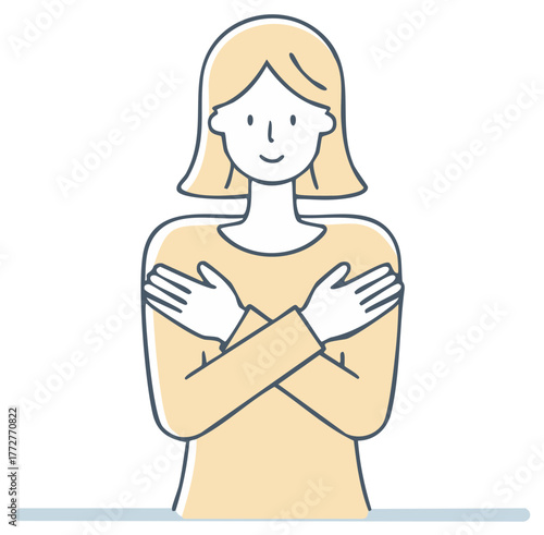 Simple line art illustration of a happy woman hugging herself for self care and comfort