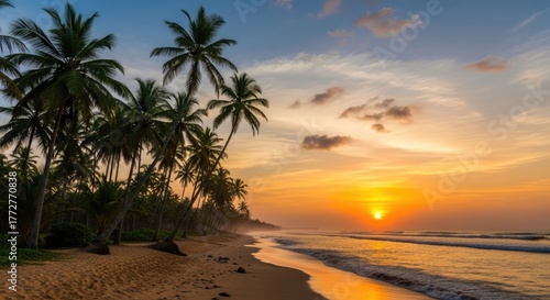 Tropical Beach Sunset with Palm Trees and Golden Sky.