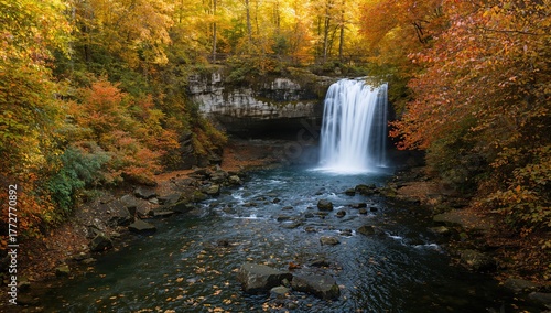 Vibrant waterfall surrounde...