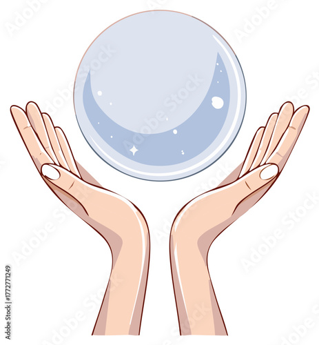 Stylized hands cradling a shimmering clear crystal ball, symbolizing future, magic, and destiny.