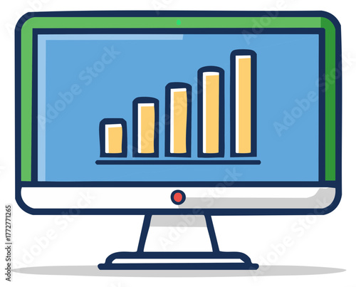 Cartoon Computer Monitor Displaying Growing Bar Graph Representing Success and Progress in Colorful Flat Design Style