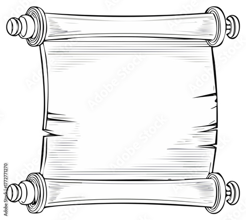 Old scroll or manuscript illustration with blank parchment in a vintage woodcut style