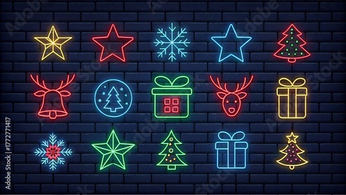 Neon Glow Christmas Icon Collection – Bright Festive Digital Illustrations on Dark Navy Background