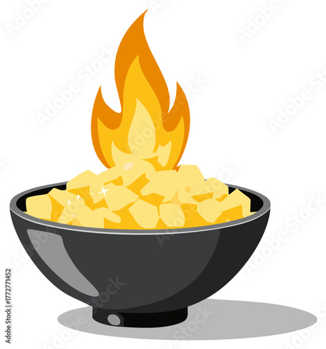 Stylized bowl filled with golden cubes with a fiery flame emanating from within