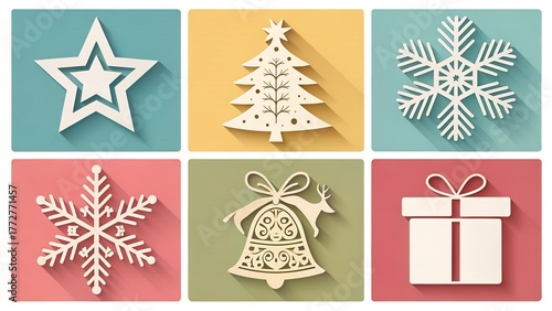 Paper-Cut Christmas Icon Vector Set – Elegant Layered 3D Holiday Illustrations in Pastel Tones
