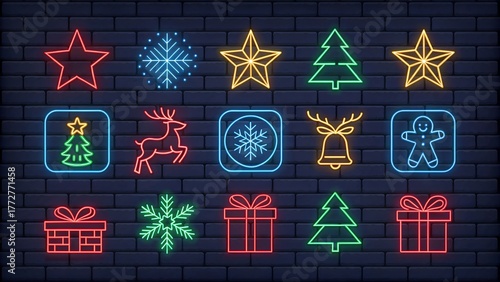 Neon Glow Christmas Icon Set – Modern Festive Digital Illustrations on Dark Background
