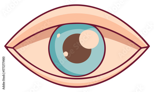Detailed illustration of an open eye with a light blue iris and pinkish skin tones in a simple cartoon style
