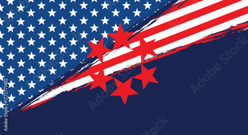 Dynamic abstract design featuring bold red stars and stripes against a starry blue background, evoking American patriotism and national pride with a distressed, energetic style