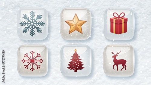 Frosted Glass Christmas Icon Collection – Modern Translucent Festive Illustrations on Snowy White Background