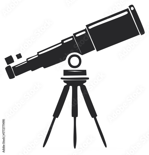 Silhouette of a telescope on a tripod for astronomical observation, science and exploration
