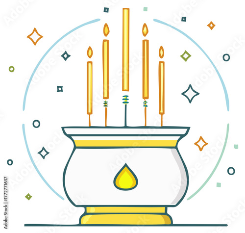 Burning candles on decorative altar with festive sparks and celebratory glow