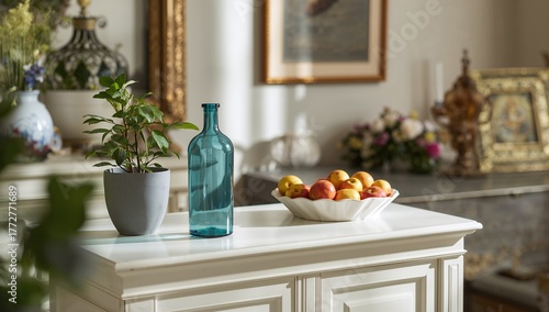 Blue glass bottle on white ...