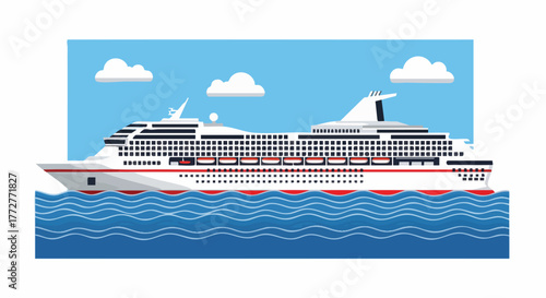 Flat vector illustration of a majestic white cruise ship sailing on the blue wavy ocean under a clear sky with clouds