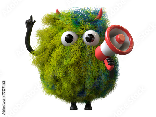 Fluffy, cute monster with a megaphone, symbolizing announcement or promotion. 3D rendering, conceptual image. Isolated on white background.