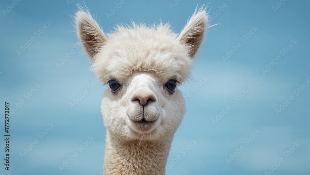 Obraz premium Portrait of a white alpaca against a light blue background, a camelid native to the Andes.