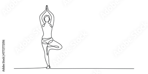 Elegant continuous line drawing of a person in a tree pose yoga asana vector