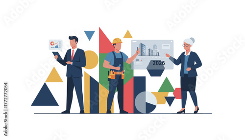 Business team worker and architect planning real estate development goals for 2026