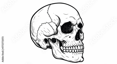 Hand-drawn human skull illustration in a black and white engraving style