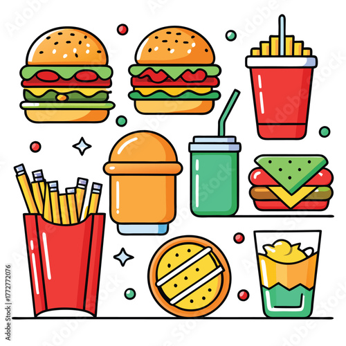 An illustration of various burger and fast-food items
