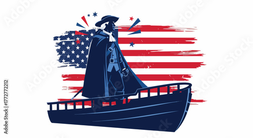 Iconic colonial patriot figure standing on a ship with a distressed American flag background, perfect for US history or Independence Day themes