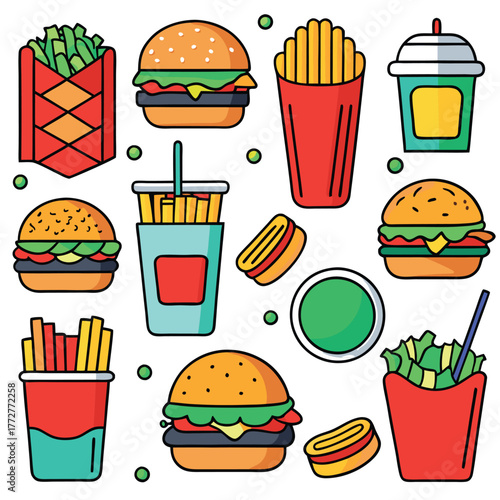 An illustration of various burger and fast-food items