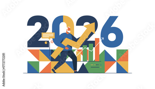 2026 annual success concept Businessman carries upward arrow representing investment and future growth
