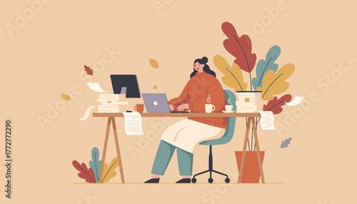 Illustration of a focused woman working on her laptop in a cozy autumn workspace