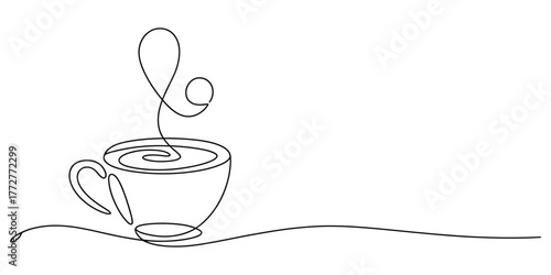 Elegant single line drawing of a steaming coffee cup minimalist art vector