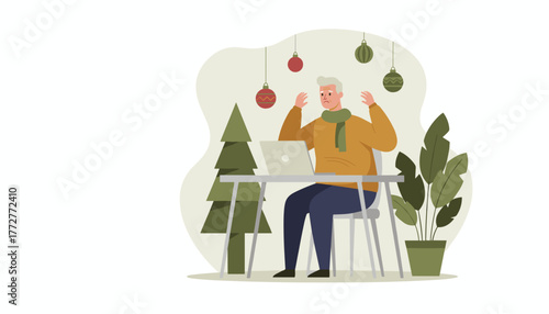 Overwhelmed senior man working remotely during Christmas with holiday stress