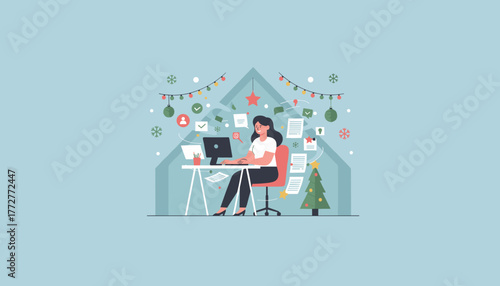 Woman working happily at computer surrounded by festive holiday decorations and documents