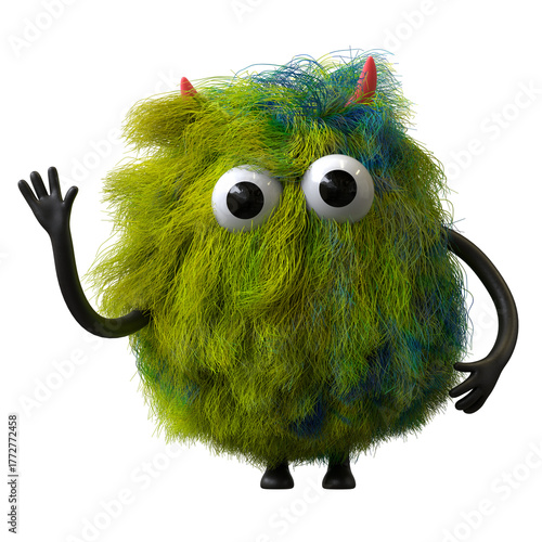 Fluffy, cute monster waving, symbolizing greeting or friendliness. 3D rendering, conceptual image. Isolated on white background.
