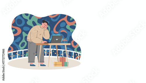 Stressed worker on laptop near gifts on a festive balcony Burnout and holiday pressure concept