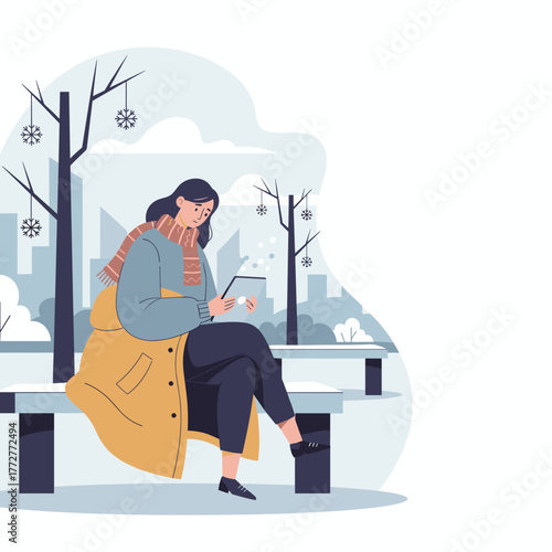 Woman using a tablet on a snowy park bench in the city during winter