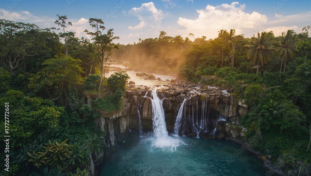 Fototapeta premium Aerial view of Coban Sriti waterfall, showcasing natural beauty, erosion risk