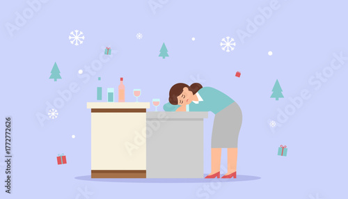 Office worker exhausted and asleep on the counter after overindulging at the corporate holiday party