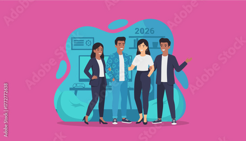 Diverse young business team collaborating on future strategy 2026 in a vibrant modern office