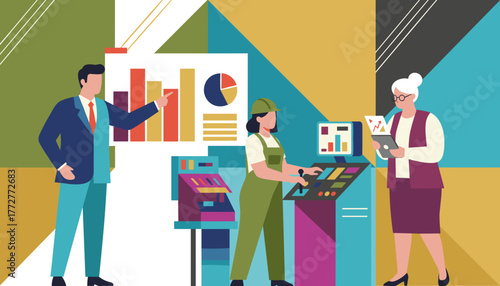 Diverse team analyzing charts and operating machinery Industrial management data and production concept