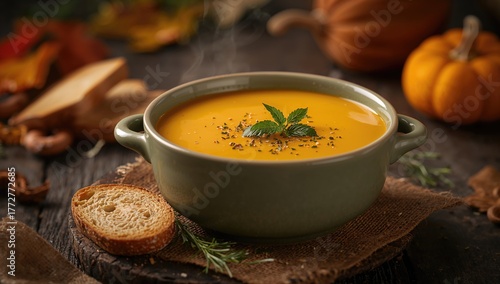 Bowl of pumpkin soup on woo...