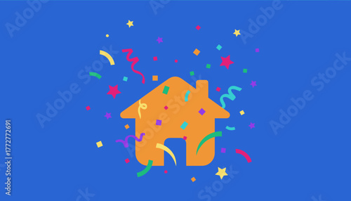 Orange house icon with colorful confetti on blue background Housing celebration or real estate party