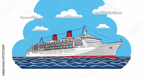Illustration of a large cruise ship sailing on the ocean. A classic ocean liner on a sea voyage under a blue sky with clouds