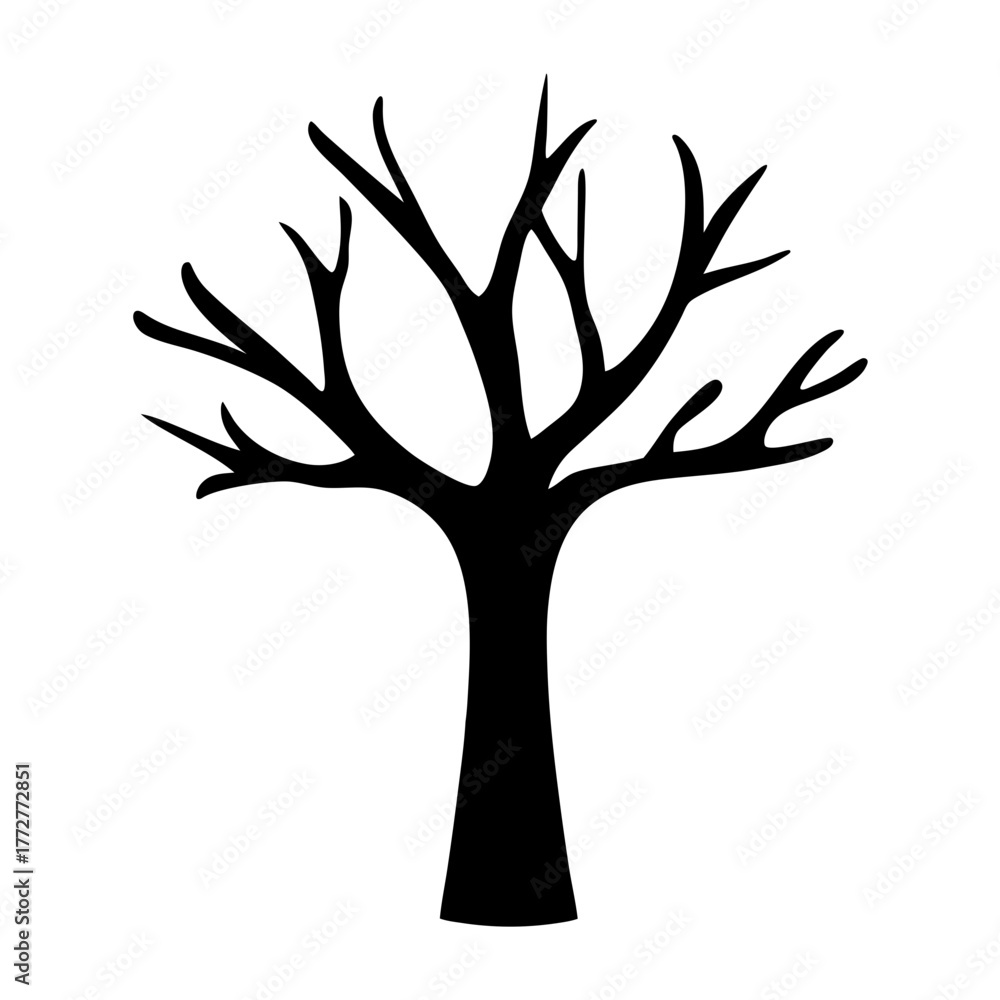 Fototapeta premium Leafless tree silhouette icon for winter or nature, Black silhouette of a bare tree without leaves, isolated on white background, ideal for nature, seasons, or environmental design themes. 