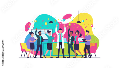 Diverse business and medical team celebrating huge financial success and victory with confetti