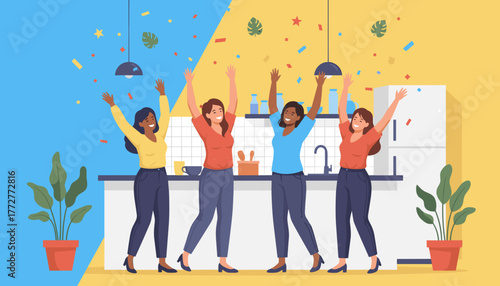 Diverse women celebrating success and friendship with confetti