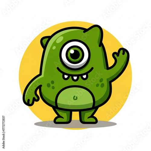 ai generative Cute monster vector icon — one-eyed green creature waving, bold line art, bright colors, round shape, minimal shadow, friendly look